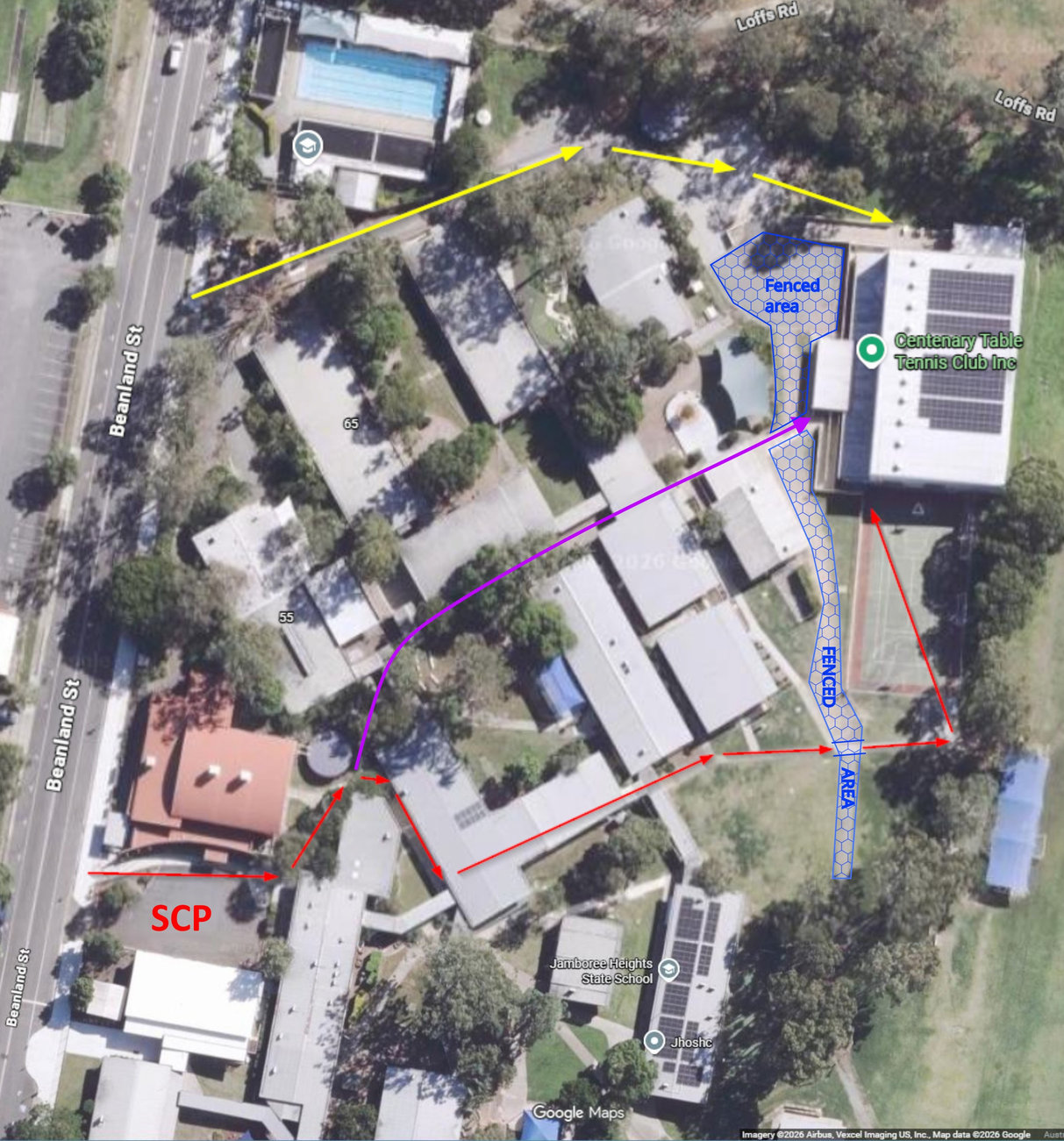 map showing paths to access the hall